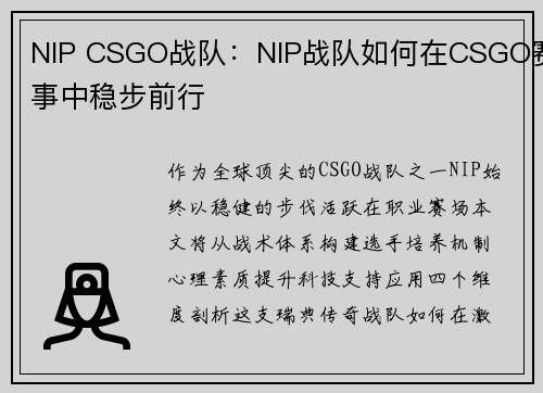 NIP CSGO战队：NIP战队如何在CSGO赛事中稳步前行